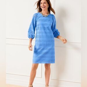 💙 Talbots Eyelet Puff Sleeve Shift Dress Blue Women’s Size 14 👗